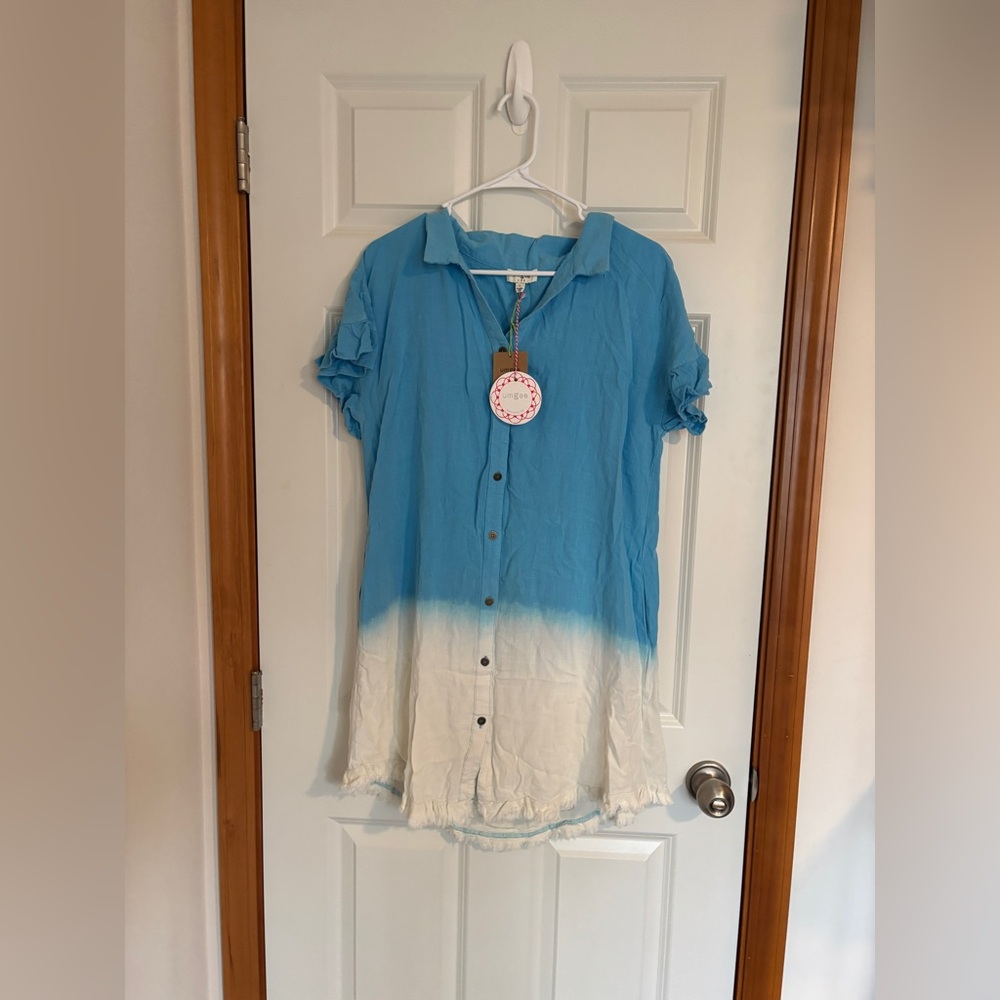 Umgee Cyan Blue Dip-Dye Linen-Blend Pocket Shirt Dress